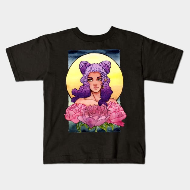 Girl with Purple Ombre Hair and Peonies Kids T-Shirt by Doodleholic